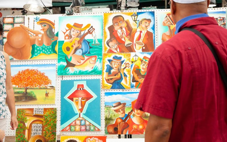 Colorful artwork on display during Viernes Culturales in Little Havana Colorful artwork on display during Viernes Culturales in Little Havana