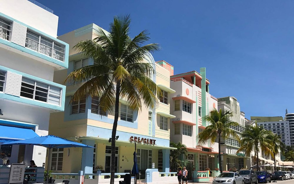View of Art Deco hotels down Ocean drive on South Beach