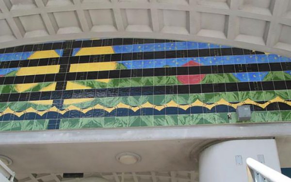 colorful ceramic tiles in tropical hues greet riders on Metromover