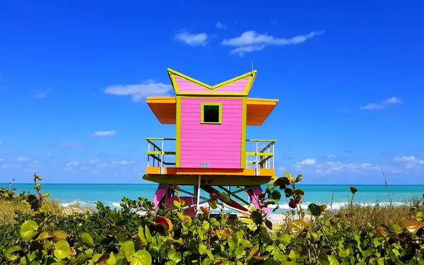 Pink lifeguard stand on the sands of South Beach