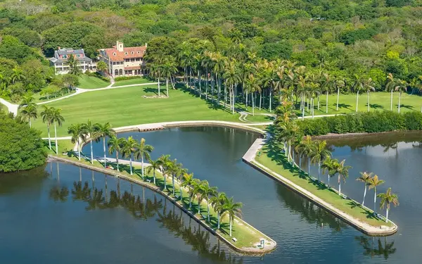Aerial view of Deering Estate from over the water