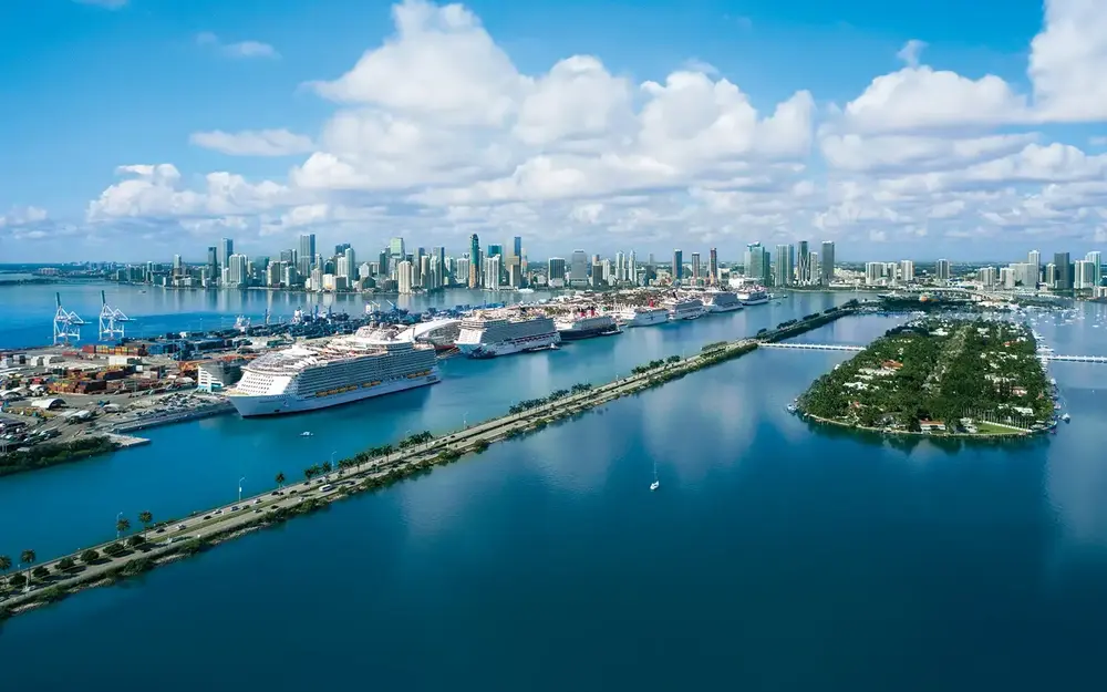 Cruise ships at PortMiami, blue water and causeway