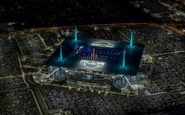 Aerial of Hard Rock Stadium with fireworks