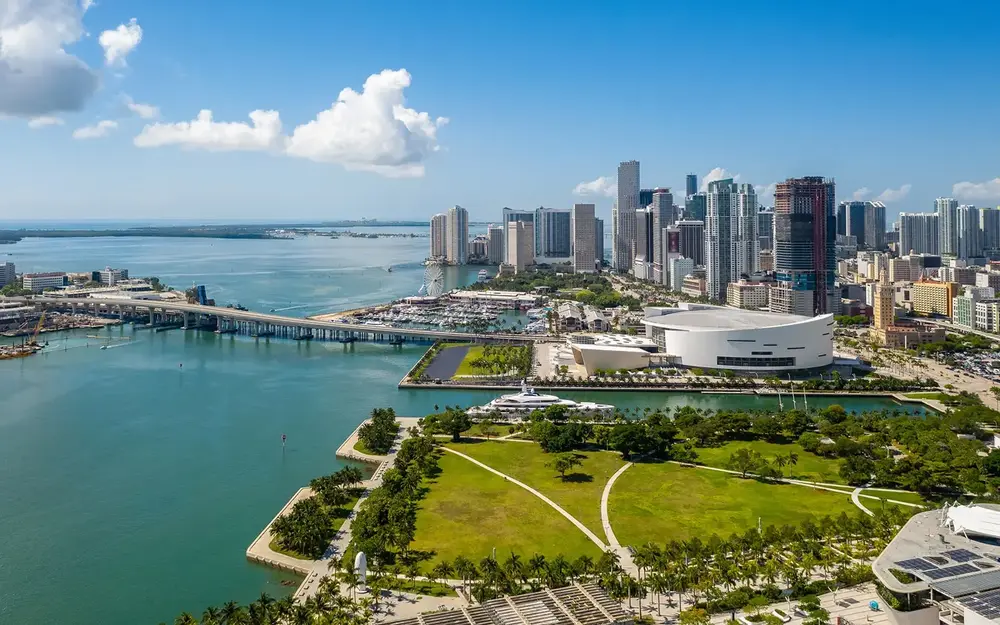 Kaseya Center by Downtown Miami skyline and bay