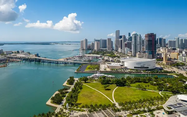 Aerial view of Kaseya Center and Downtown Miami