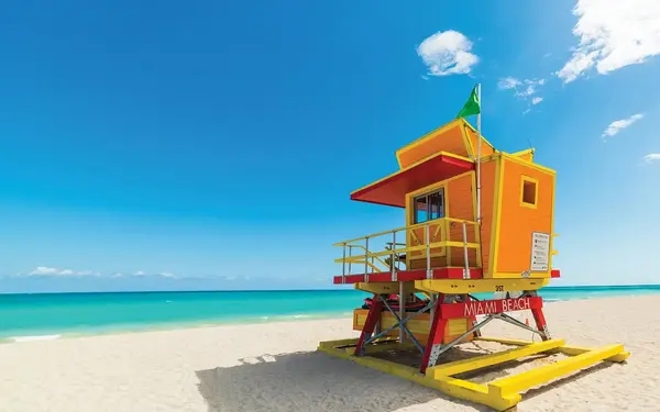 Orange lifeguard stand on Miami Beach