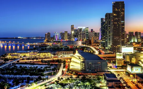 Aerial view of Downtown Miami and MacArthur Causeway at sunset