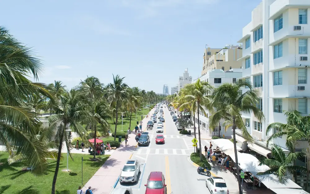 Aerial view of Ocean Drive and person getting out of a car