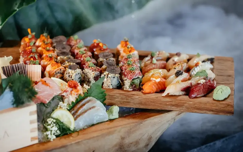Colorful sushi, maki and nigiri presentation
