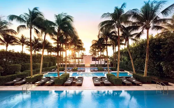 The Setai poolscape with the sun setting in through the trees