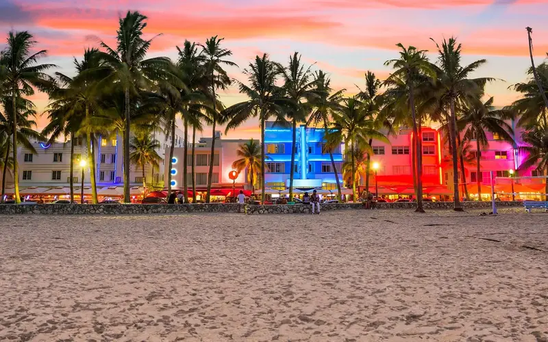 Neon lights on Ocean Drive's Art Deco hotels