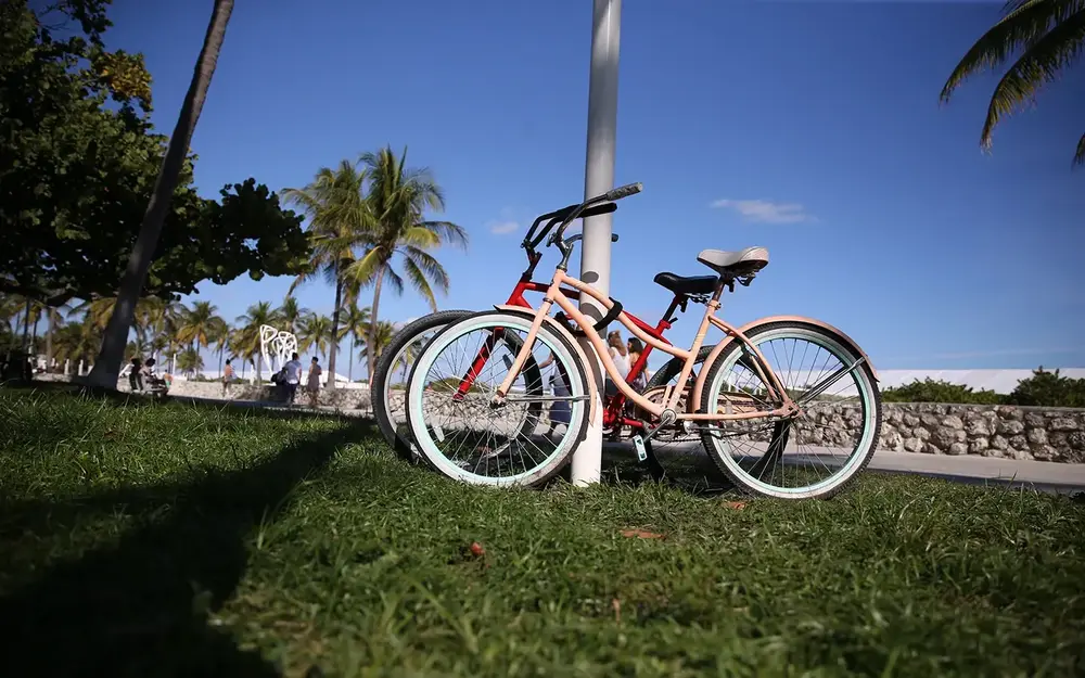 Bicycles parked on the grass at Lummus Park