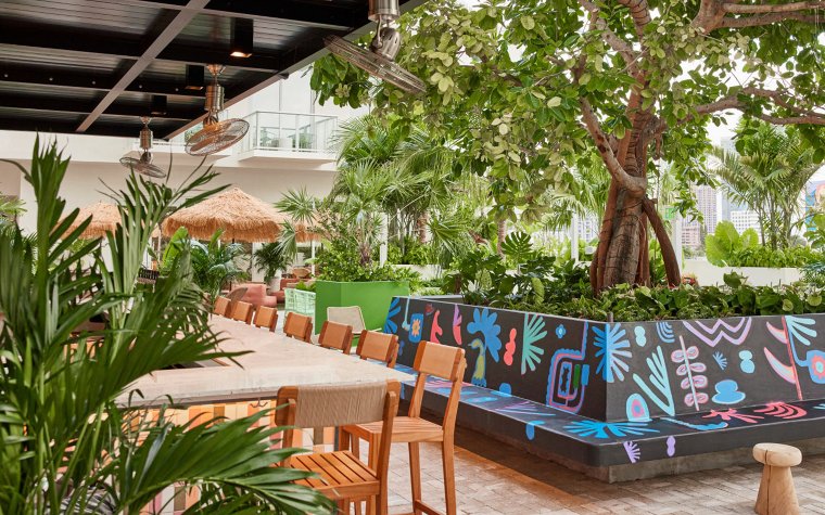 Outdoor seating at Higher Ground at Arlo Wynwood