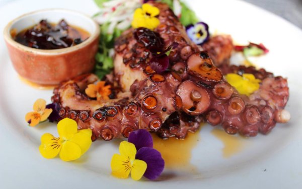 Pulpo a la brasa de Talavera presentado con pensamientos morados y amarillos