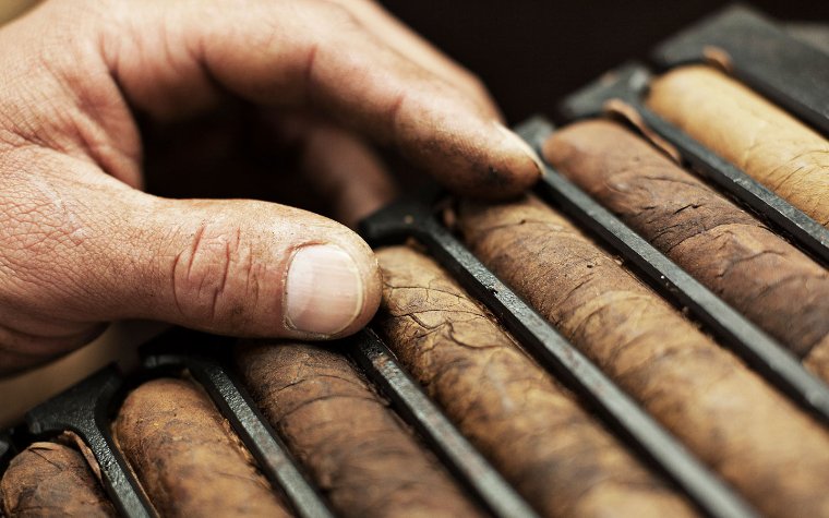 Hand placing cigars in a tray that were crafted by hand