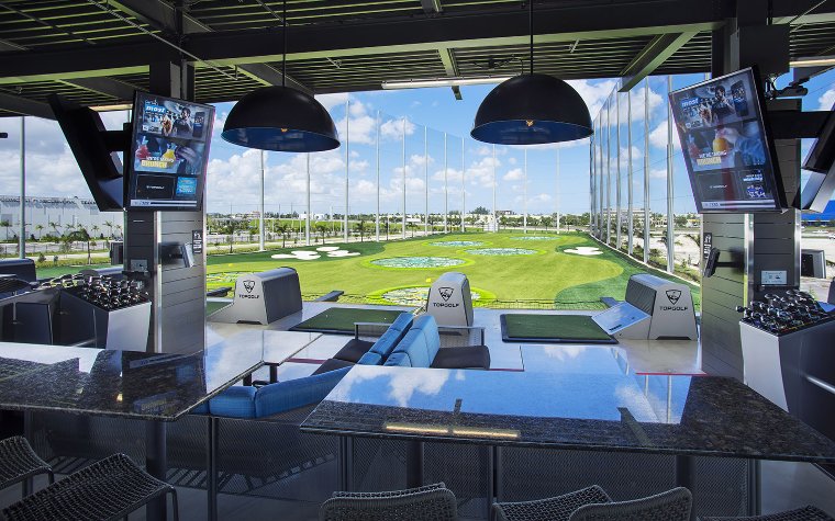Driving range and seating area at Topgolf Doral Driving range and seating area at Topgolf Doral