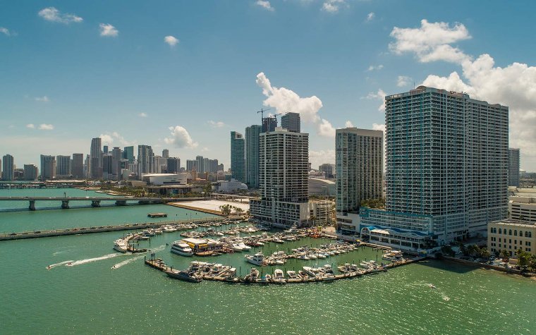 Aerial view of Biscayne Bay and Downtown Miami