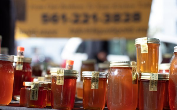 Exhibición de miel en el Coconut Grove Mercado de agricultores orgánicos del sábado