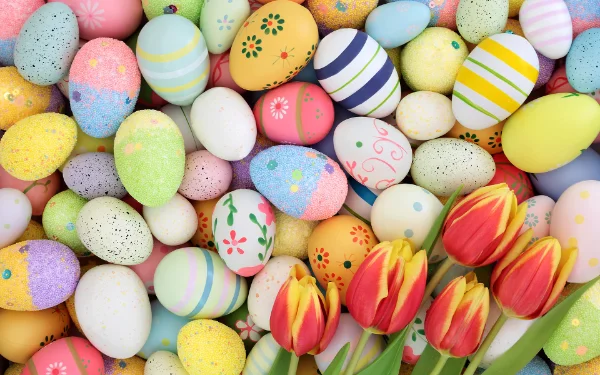 Colorful Easter eggs & tulips