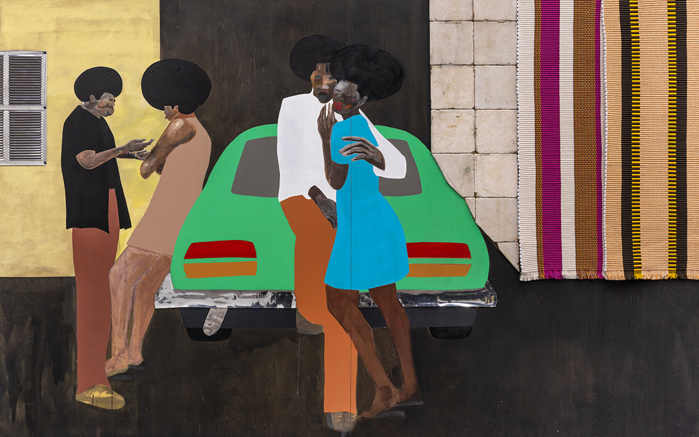 Artwork by Mark Delmont depicting Black individuals gathered around an older car, evoking a sense of nostalgia and community