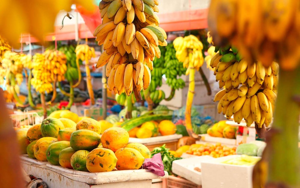 Exhibición de frutas tropicales