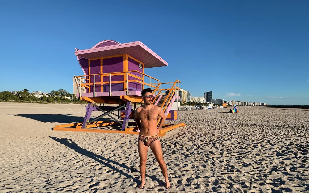 Sion by a lifeguard stand on South Beach
