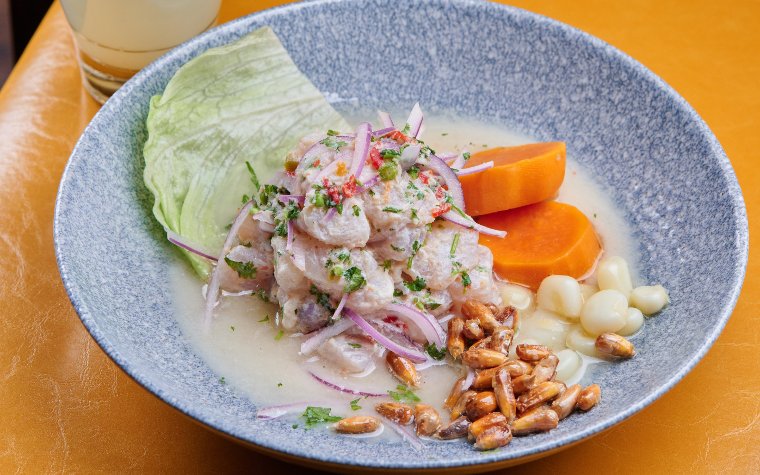 Ceviche served with sweet potato and corn at Pisco y Nazca Ceviche served with sweet potato and corn at Pisco y Nazca
