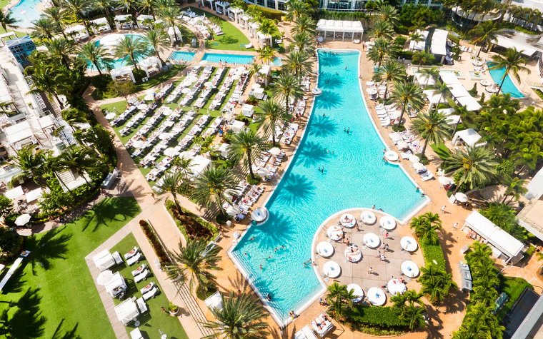 Aerial view of Fontainebleau Miami Beach poolscape Aerial view of Fontainebleau Miami Beach poolscape