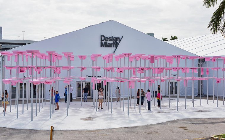 Entrance to Design Miami with pink art installation in front Entrance to Design Miami with pink art installation in front