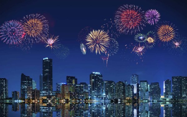 Fireworks over the Downtown Miami skyline