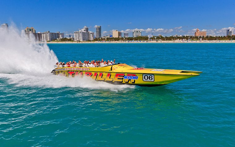 Waving from a yellow Thriller Miami Speedboat in South Beach Waving from a yellow Thriller Miami Speedboat in South Beach
