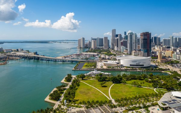 Kaseya Center by Downtown Miami skyline and bay