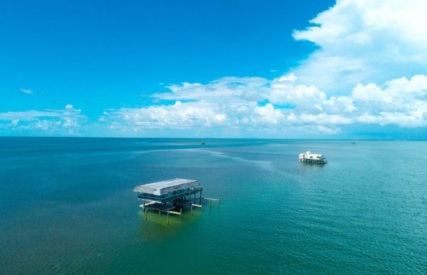 Vista aérea das casas de Stiltsville no meio do oceano