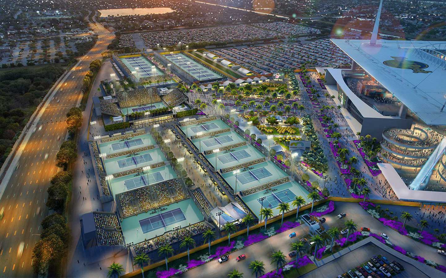 View of multiple tennis courts at the Miami Open