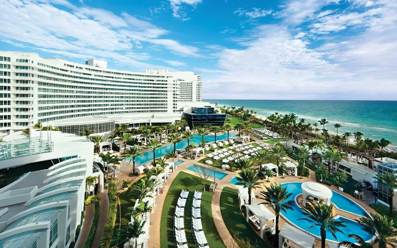 Aerial view of Fontainebleau Miami Beach highlighting its beachfront location