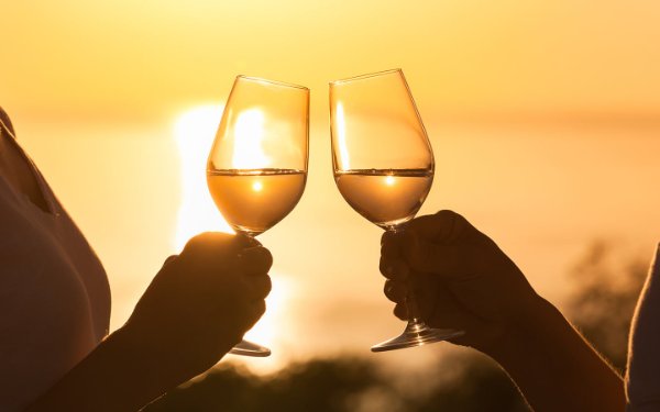 Brindisi di vino al tramonto