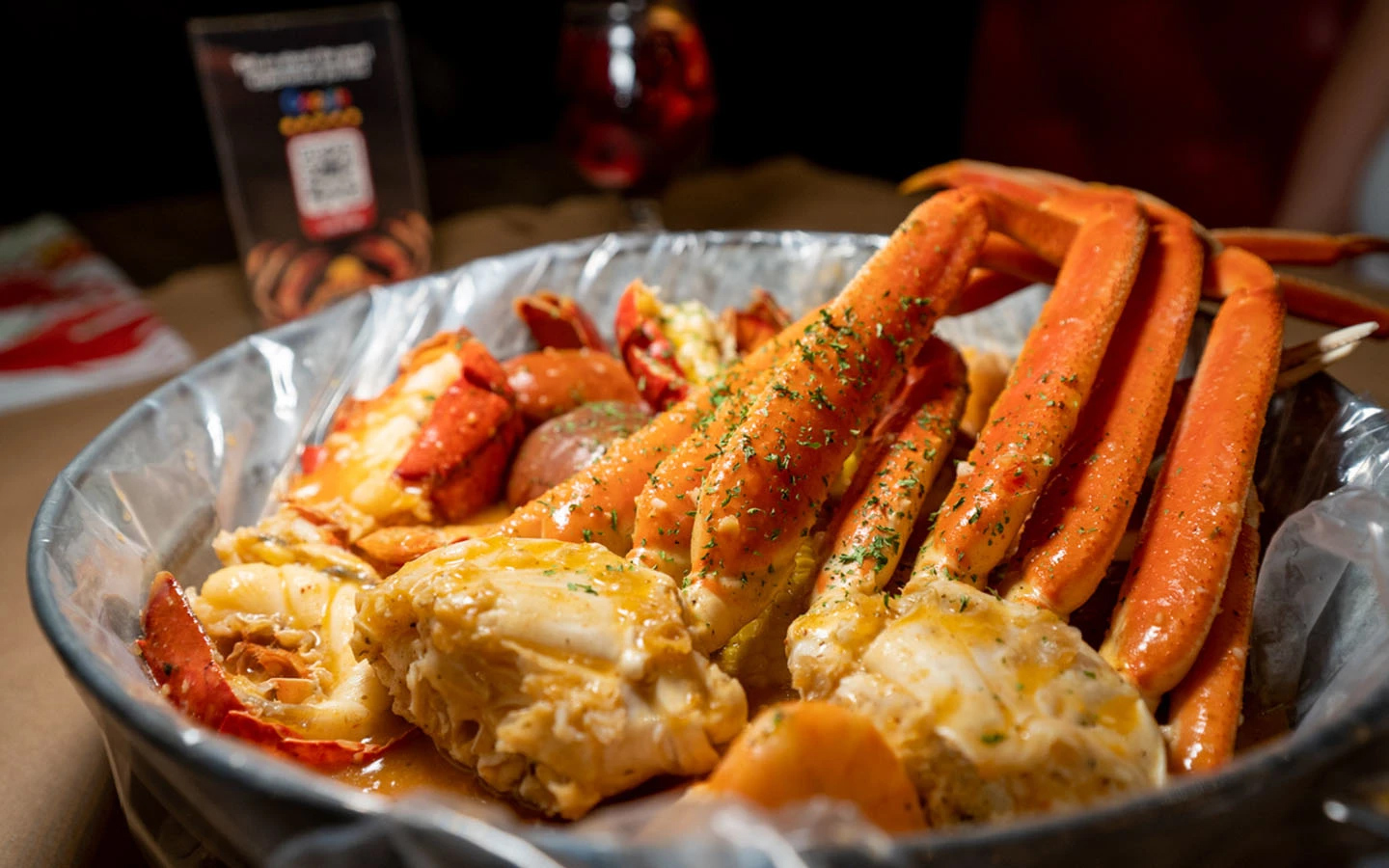 Seafood boil with crab legs on a platter Seafood boil with crab legs on a platter