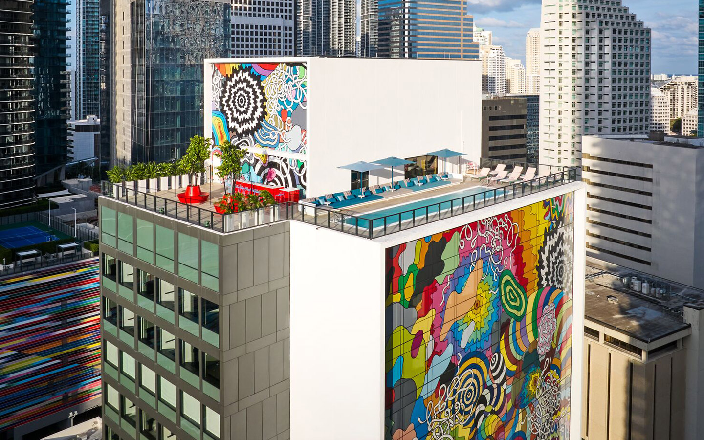 Colorful murals and rooftop pool at citizenM Colorful murals and rooftop pool at citizenM