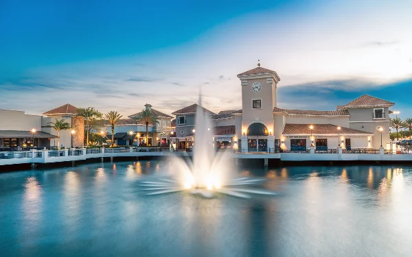 View of Palms at Town & Country Mall from the lake with fountain