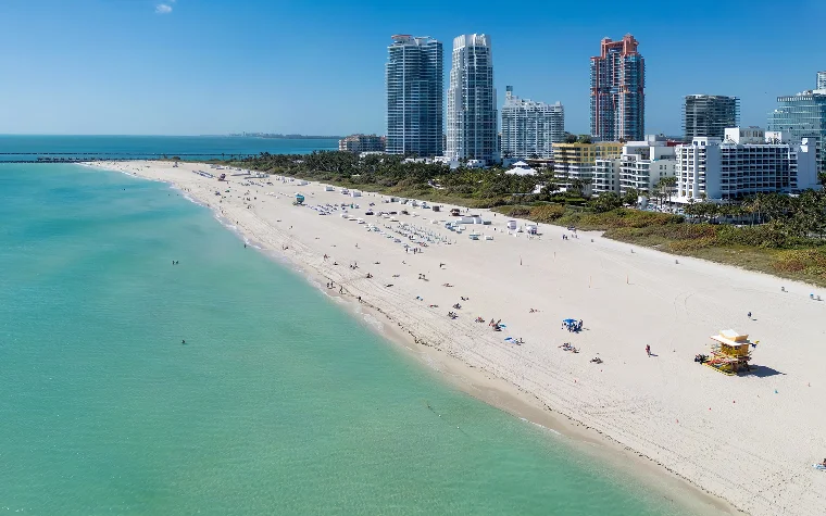 Aerial view of South Beach with lifeguard tower
