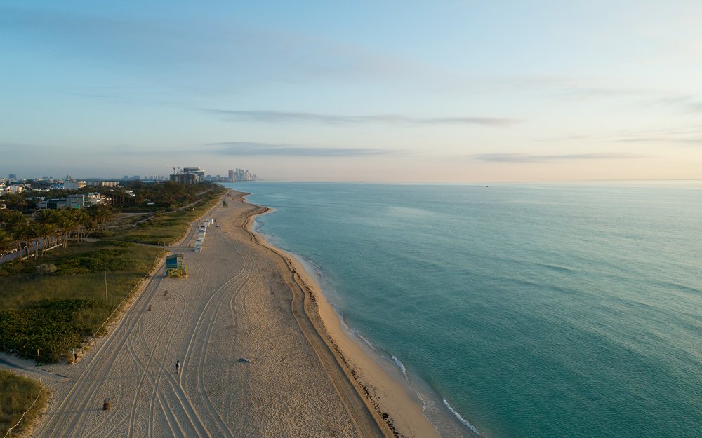 Aerial view of Surfside Beach at sunset