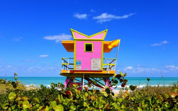 Vista del bagnino rosa in piedi Miami Beach