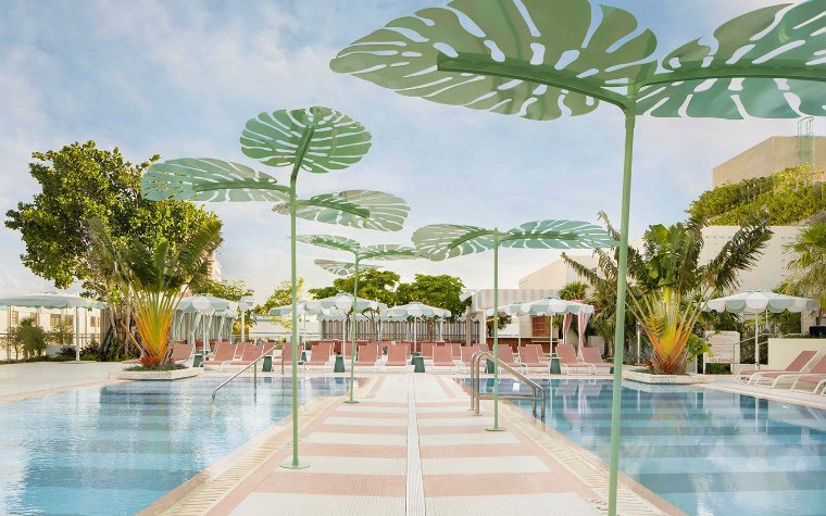 View of the pink & white pool area at goodtime