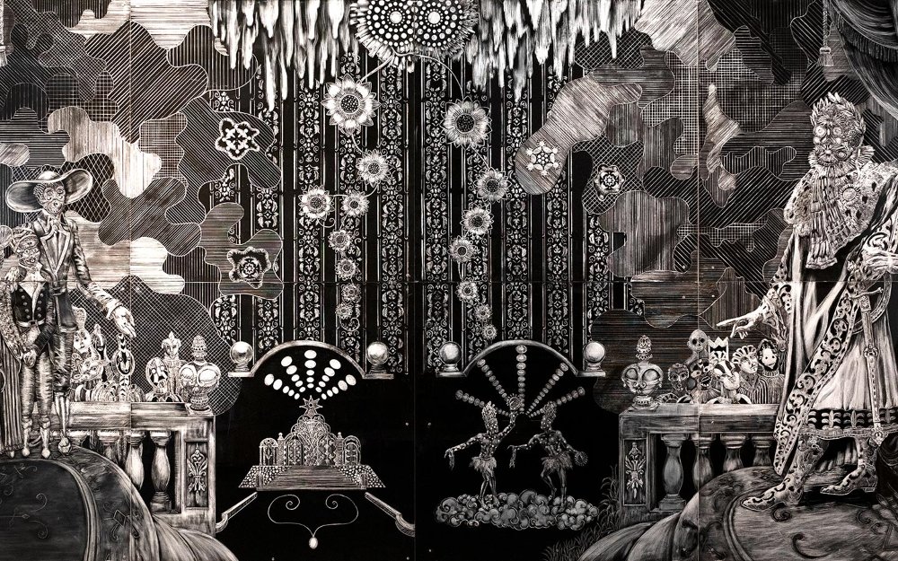King Henry and Haiti’s Royal Court, Engraving on Plexiglass, Polyptych 8 40x40” panels, 2019