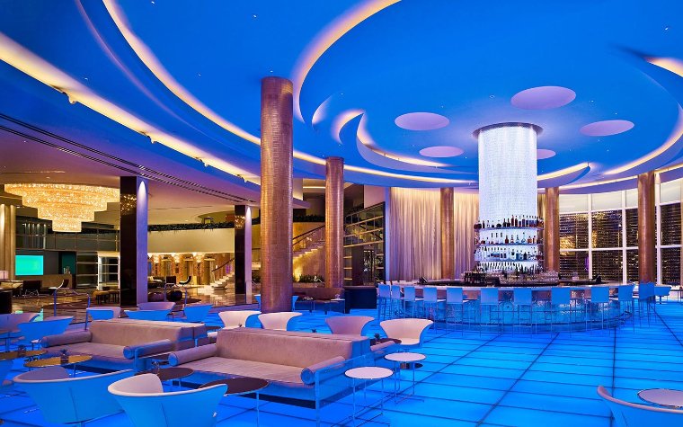 Futuristic, blue interior of Bleau Bar