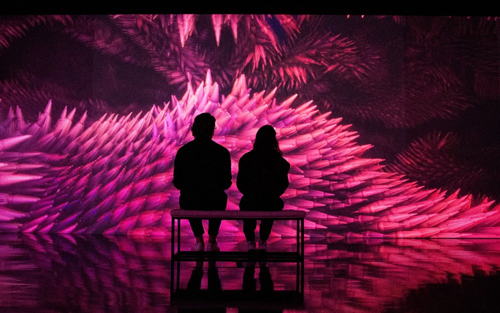 Couple enjoying the MAGENTAVERSE exhibit at ARTECHOUSE in Miami Beach