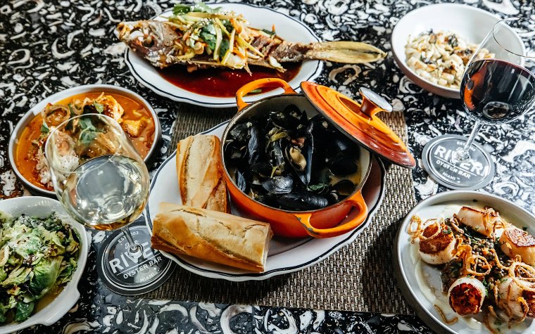 Mussels scallops and fish at River Oyster Bar