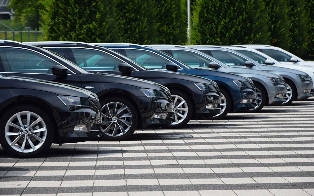 Coches de alquiler estacionados en una fila de colores que van del negro al blanco