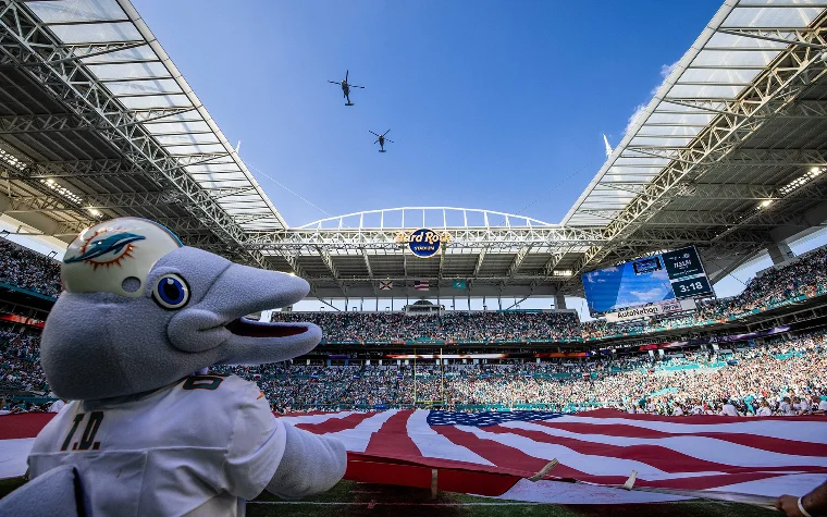 Miami Dolphins mascot holding a flag on the field Miami Dolphins mascot holding a flag on the field