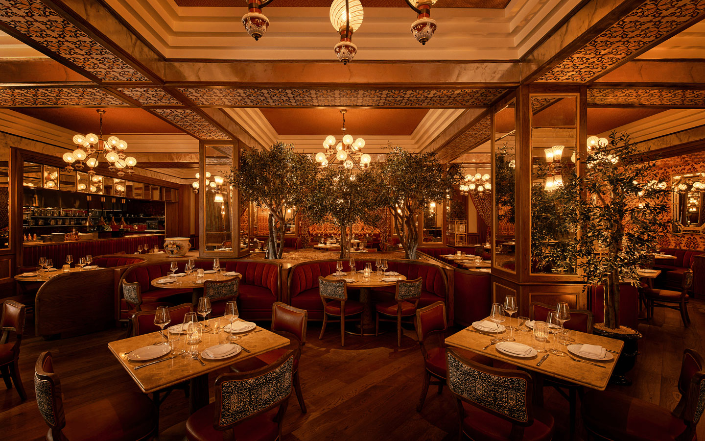Dimly lit dining room at Mother Wolf restaurant
